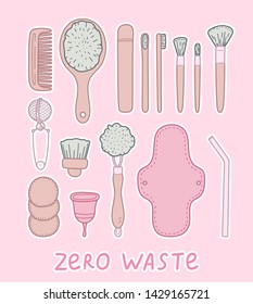 Set of natural eco and organic things. Wooden hairbrush, bamboo toothbrush, cosmetic and cleaning brushes, cloth pad, menstrual cup, tea strainer, cocktail tube