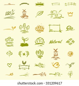 Set Of Natural Elements For Design. Sketches Of Rural Motifs, The Elements Of Farming. Hand-drawn Icon For For Packaging Products, Cosmetics.