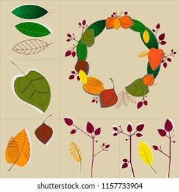 A set of natural elements (leaves, branches) with an example of creating a decorative wreath