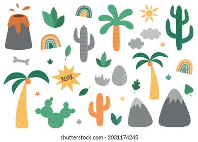 Un conjunto de elementos naturales. Palmera, cactus, volcán, huevo de dinosaurio, hojas, arcoiris, sol, plantas. Ilustración del vector