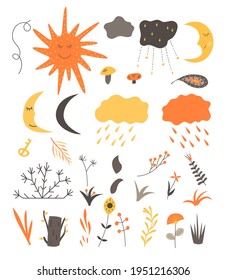 Set of natural elements in a Scandinavian style on white background. Flat vector illustration.