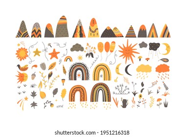 Set of natural elements in a Scandinavian style on white background. Flat vector illustration.