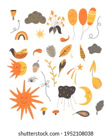 Set of natural elements in a Scandinavian style on white background. Flat vector illustration.