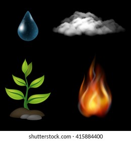 Set of Natural Elements of Water, Fire, Earth and Air. Composition of Four Icons on Black Background. Eps10, Contains Transparencies. Vector
