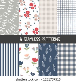 Set of natural farmhouse style seamless patterns for kitchenware and homeware, fabric and stationery design and decoration