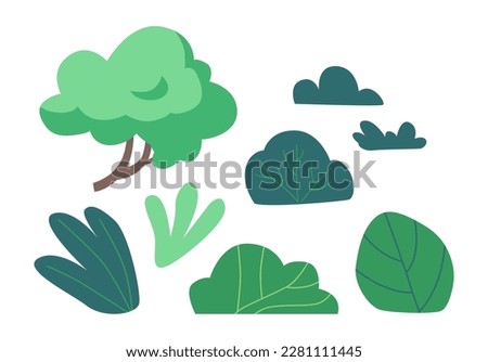Set of Natural and Floral Elements Isolated On White Background. Tree And Bush With Lush Foliage And Vibrant Colors
