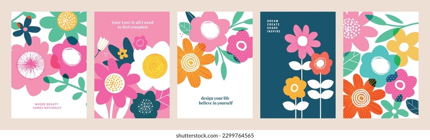 Set of natural and floral vector illustrations for beauty and fashion, greeting card, invitation card for wedding, web and social media banner, brochure cover, marketing material.