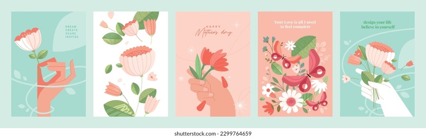 Set of natural and floral vector illustrations for beauty and fashion, greeting card, invitation card for wedding, web and social media banner, brochure cover, marketing material.