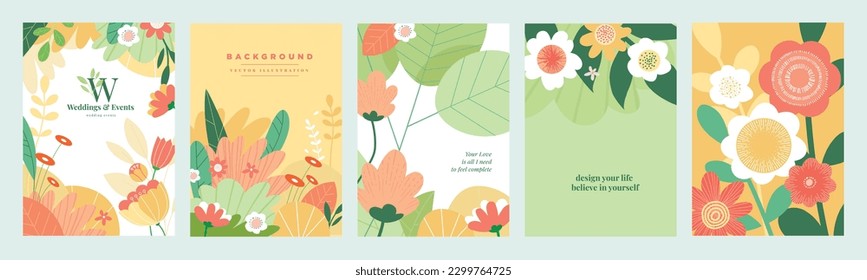 Set of natural and floral vector illustrations for beauty and fashion, greeting card, invitation card for wedding, web and social media banner, brochure cover, marketing material.