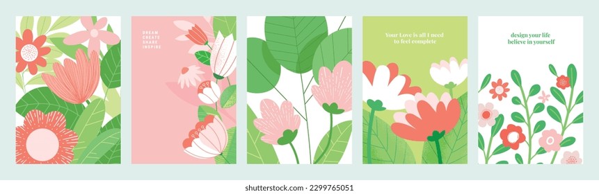 Conjunto de ilustraciones vectoriales naturales y florales para belleza y moda, tarjeta de saludo, tarjeta de invitación para boda, banner de web y medios sociales, portada de folletos, material de marketing.