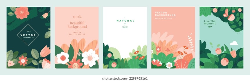 Set of natural and floral vector illustrations for beauty and fashion, greeting card, invitation card for wedding, web and social media banner, brochure cover, marketing material.