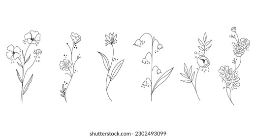  Set of natural flower icons. Hand drawn floral line icon collection. Vector illustration.
