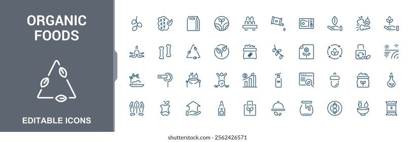 Set of Natural Foods line icons. Contains such icons as natural, handmade, vegan, illustration and more. Minimalist editable vector stroke.