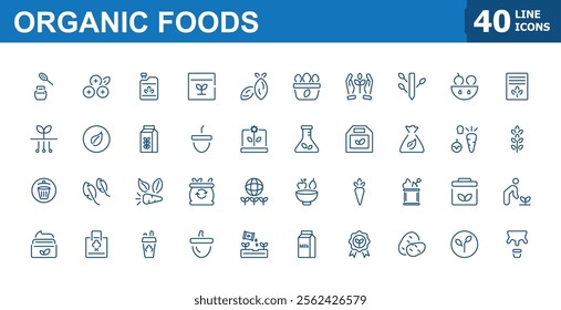 Set of Natural Foods line icons. Contains such icons as natural, handmade, vegan, illustration and more. Minimalist editable vector stroke.