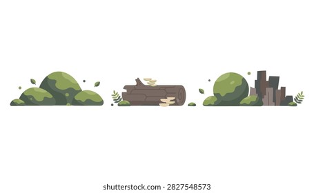Set of natural forest elements including mossy stones, a fallen tree log with wild mushrooms, and basalt rock columns.