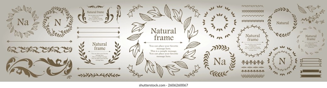 A set of natural frames and design elements with plant motifs
