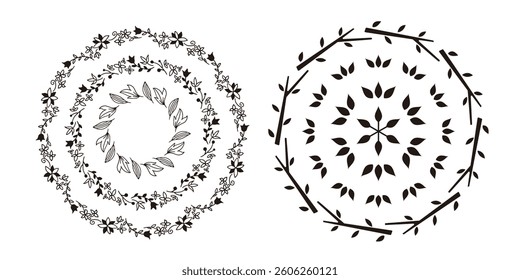 A set of natural frames and design elements with plant motifs
