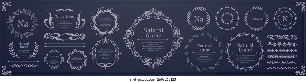 A set of natural frames and design elements with plant motifs
