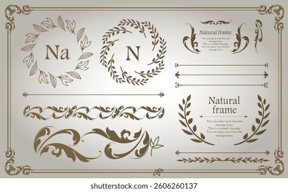 A set of natural frames and design elements with plant motifs
