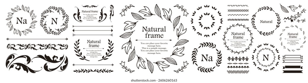 A set of natural frames and design elements with plant motifs
