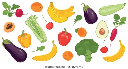 Conjunto de frutas e legumes naturais. Produtos agrícolas vetoriais sobre fundo branco. Rabanete, brócolis, abobrinha, berinjela, banana, cereja, damasco, abacate, aipo, pimenta em estilo cartoon.