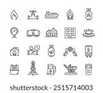 Set of natural gas line icons. Simple symbols with gas pipeline, cast iron burners, fuel tanks and gas station. Editable stroke. Outline vector illustration collection isolated on white background