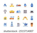 Set of natural gas line icons. Colorful signs with gas meter, gas pipeline, gas stove and fuel tank. Design element for app or website. Flat vector illustration collection isolated on white background