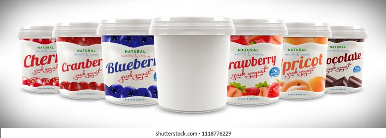 Set of Natural Greek Yogurt packaging container jar design, including strawberry, blueberry, cranberry, cherry, apricot, chocolate taste and blank one, also can be used for ice-cream design