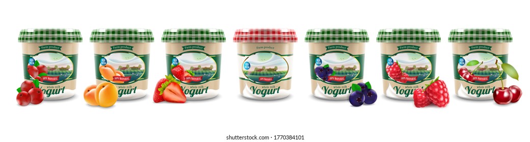 Set of Natural Greek Yogurt packaging container jar design, including raspberry, strawberry, blueberry, cranberry, cherry, apricot, taste and blank one, also can be used for ice-cream design