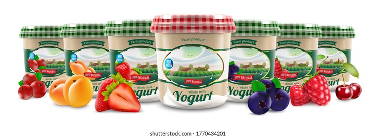 Set Of Natural Greek Yogurt Packaging Container Design With Berries