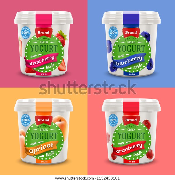 Set of Natural Greek Yogurt\
packaging container jar design, including strawberry, blueberry,\
cranberry and  apricot taste also can be used for ice-cream\
design