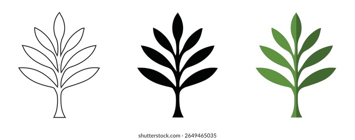 Set of natural green plant and tree silhouettes, perfect for eco-friendly design and growth concepts, Vector silhouette of a nature plant, tree, or flower with leaf and branch elements