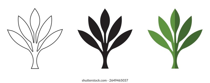 Set of natural green plant and tree silhouettes, perfect for eco-friendly design and growth concepts, Vector silhouette of a nature plant, tree, or flower with leaf and branch elements