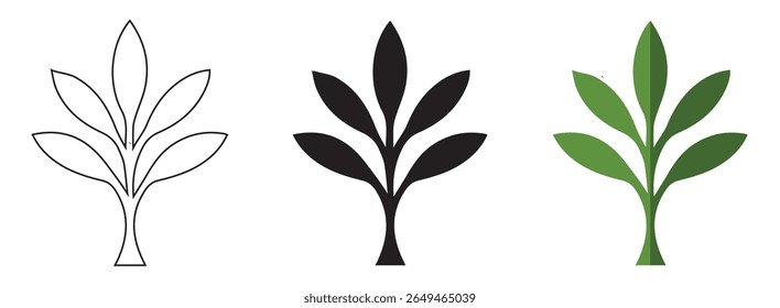 Set of natural green plant and tree silhouettes, perfect for eco-friendly design and growth concepts, Vector silhouette of a nature plant, tree, or flower with leaf and branch elements