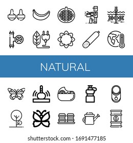 Set of natural icons. Such as Massage, Valve, Banana, Bio, Pomegranate, Cauliflower, Producer, Smoked sausage, Tidal, Global warming, Butterfly, Tree, Salad, Macaroons , natural icons