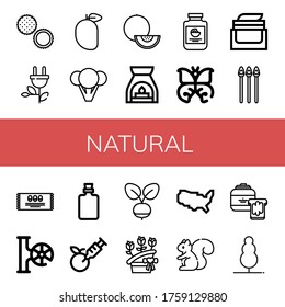Set of natural icons. Such as Rambutan, Green energy, Mango, Broccoli, Melon, Aromatherapy, Mayonnaise, Butterfly, Face cream, Asparagus, Mint, Valve, Bottle, Gmo , natural icons