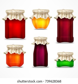 Set of natural jam preserves glass jars and retro lids, isolated on white. Vector illustration.