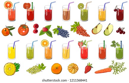 Set of natural juice and fruit. Vector hand drawn illustration for your design, announcements, cards, posters, restaurant menu.