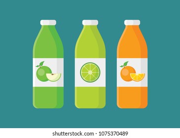 Set of natural juices in glass bottles in flat style with long shadow isolated on blue background. Collection of apple, lemon and orange juice bottles vector illustration for design.