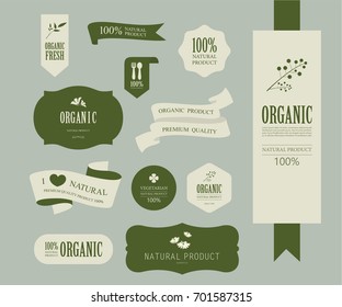 set of natural label and organic label green color. vintage labels and badges design.