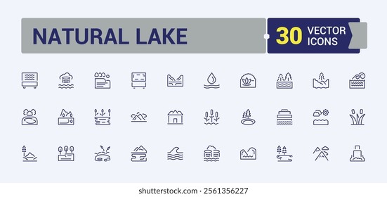 Set of Natural Lake line icons. Includes thin line park, country, road, plant, mill, farm, lake and more. Icons for UI. Editable stroke. Vector illustration.