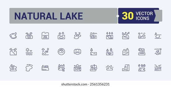 Set of Natural Lake line icons. Includes thin line park, country, road, plant, mill, farm, lake and more. Icons for UI. Editable stroke. Vector illustration.