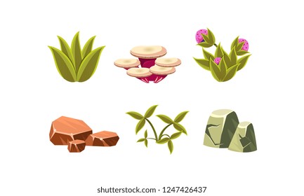 Set of natural landscape elements. Green grass, stones, mushroom and flowers. Flat vector design for mobile game