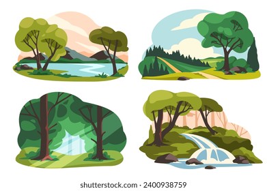 Eine Reihe von Naturlandschaften. Schöne unberührte Waldpanoramen mit Bäumen, grünen Glastüren, Flüssen und Wasserfällen. Ruhige und ruhige Landschaften. Cartoon-FlachVektorgrafik, einzeln auf weißem Hintergrund