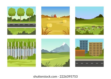 Set of natural landscapes. Forest, pasture, mountains and city street summer and autumn background vector illustration