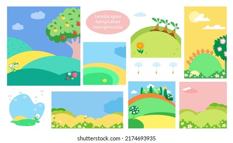 Set natural landscapes with hills, sky, plants, tree. Template for paintings and compositions. Background for design. Flat cartoon style. Vector color illustration.