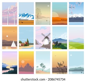 Un conjunto de paisajes naturales. Plantilla para la ilustración calendar.Vector en diseño plano.