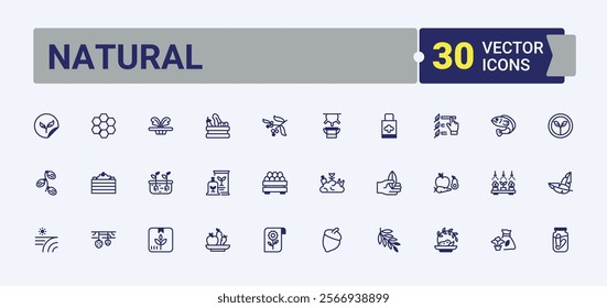 Set of Natural line icons. Contains such icons as eco, organic, animal, plant, label, toxic, food, icon. Isolated icons design. Vector outline and solid icons collection.