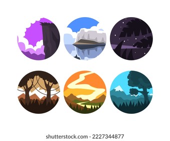 Set of natural mountain landscapes in circles cartoon vector illustration