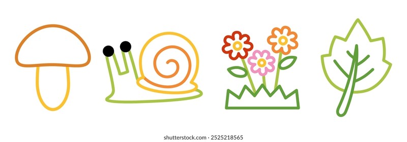 Set of natural objects. Coloring page for children with color bold outline. Flower, Maple leaf, Mushroom, Snail.